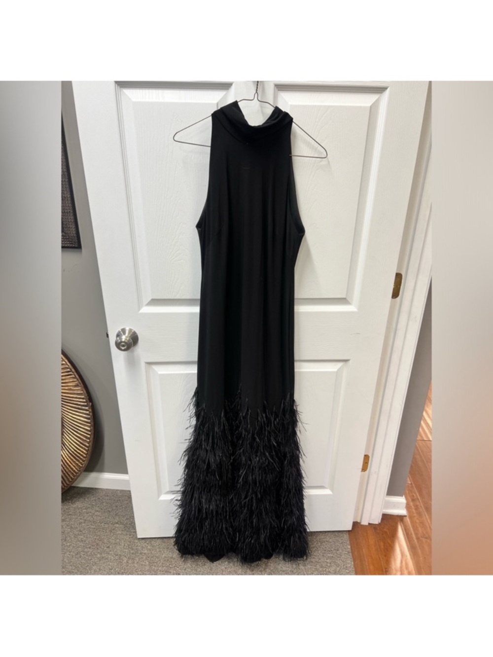 Sleeveless Black Feather-Hem Maxi Dress